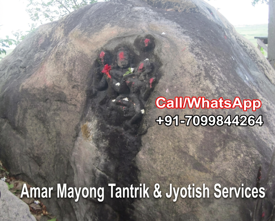 Ancient rock-carved shrine with sindoor offerings in Mayong, Assam