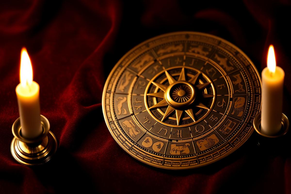 Brass zodiac wheel lit by candlelight on deep maroon cloth