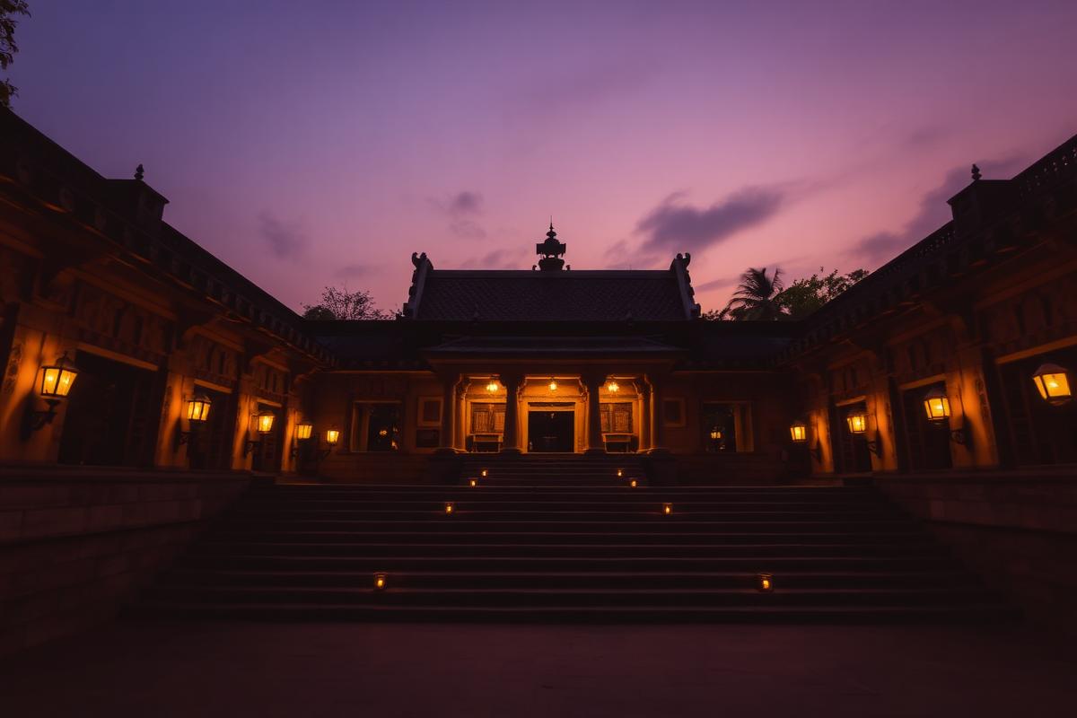 Traditional Assamese temple courtyard lit by lamps at dusk